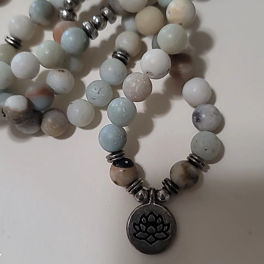 Beautiful Natural Stone and Silver Bead Lotus Charm Necklace - Long and Stretchy - Picture 2 of 5